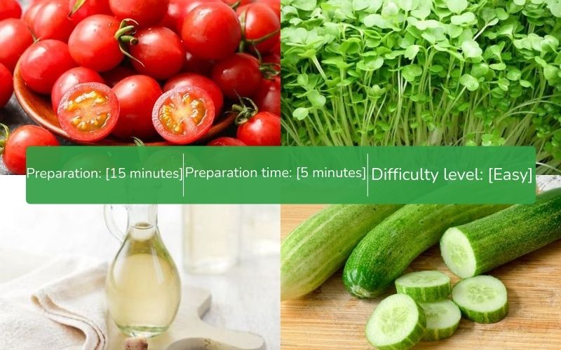 Ingredients for a delicious salad: sprouts, cucumber, and cherry tomatoes.