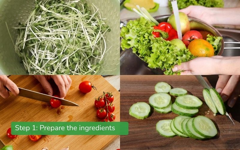 Preparing fresh sprouts, cucumbers, and cherry tomatoes.
