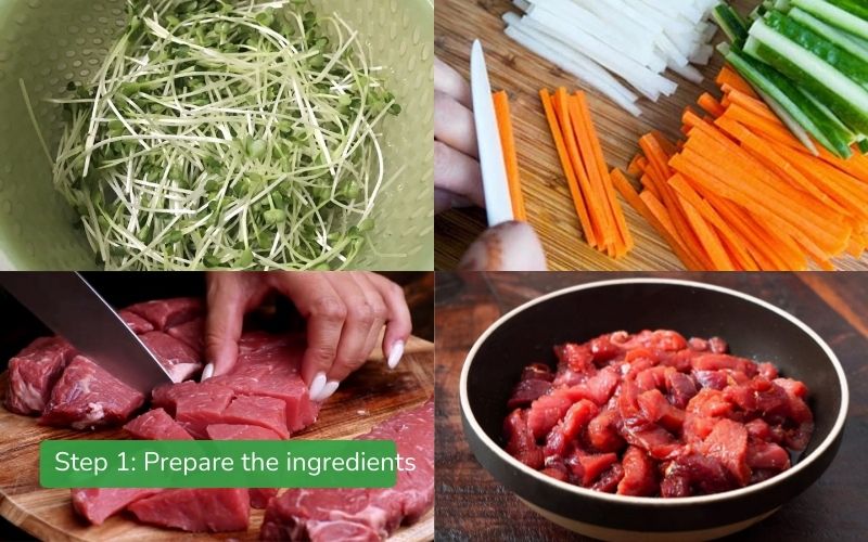 Sprouts, beef, and pre-prepared ingredients