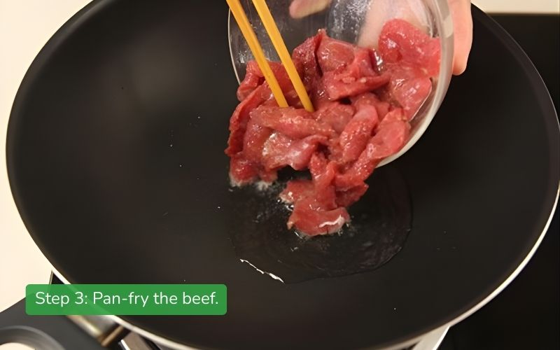 Pan-fry the beef until medium rare, then slice thinly.