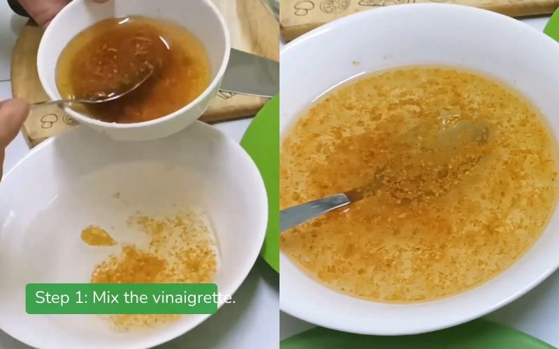 Mixture of oil and vinegar with fried garlic, sugar, salt, and ground pepper.