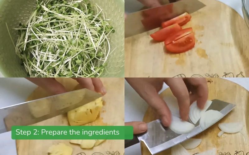 Pre-prepared sprouts, tomatoes, pineapple, and onions