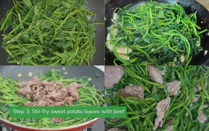 Stir-fry sweet potato leaves with beef