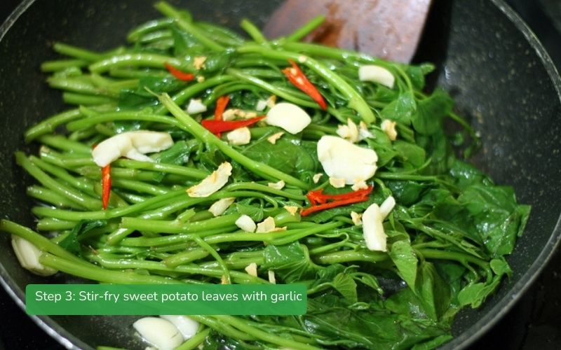 Stir-fry sweet potato leaves with garlic