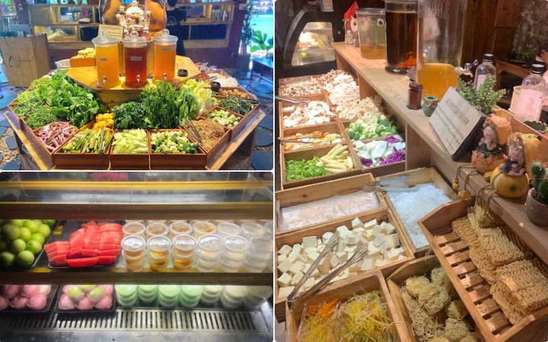 Quầy topping lẩu đầy ấp với đa dạng chủng loại rau, nấm