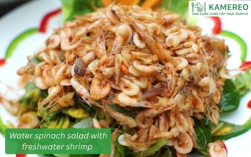 Water spinach salad combined with fragrant and savory fried freshwater shrimp.
