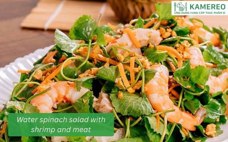 A delicious and appealing salad made with water spinach, shrimp, and sweet, fresh meat.
