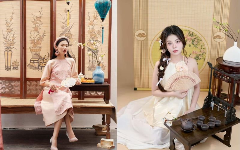Tạo dáng ngồi duyên dáng chụp ảnh áo dài Tết trong studio ánh sáng mềm