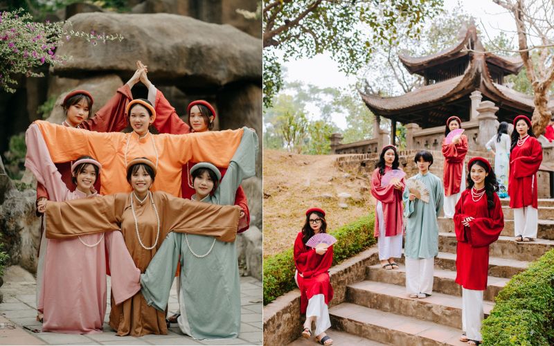 Nhóm bạn chụp ảnh áo dài Tết với tư thế khác nhau, mang phong cách trẻ trung và tinh nghịch