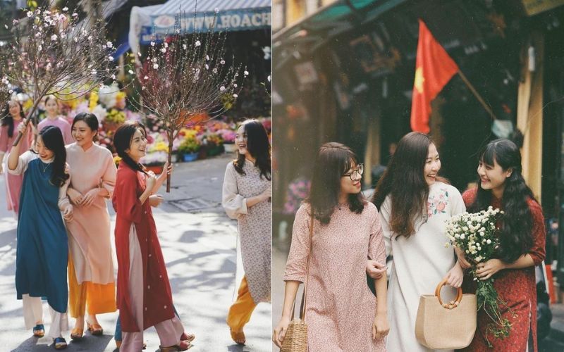 Tạo dáng chụp ảnh áo dài Tết đi chợ Xuân đông đúc, nhộn nhịp