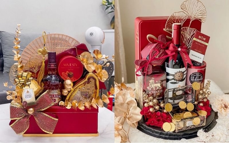 Beautiful Tet gift basket design with elegant cakes, candies, and wine.