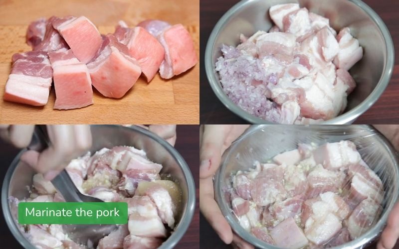 Pork belly is being marinated in a bowl.