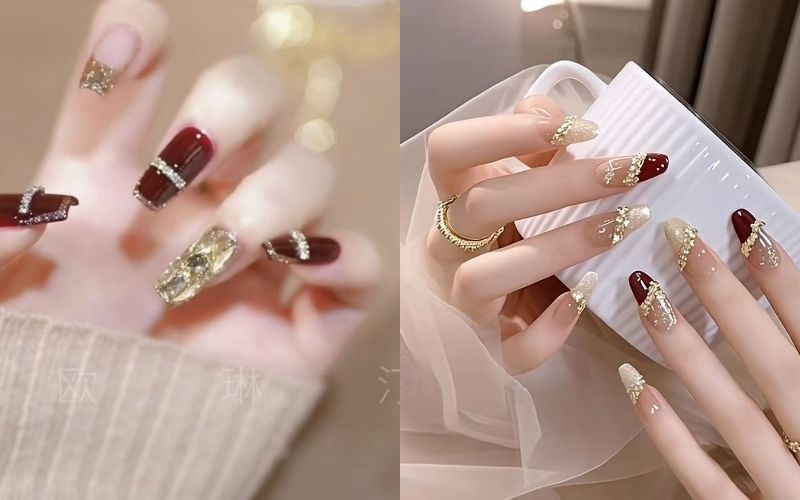 Mẫu nail Tết đính đá kết hợp kim tuyến