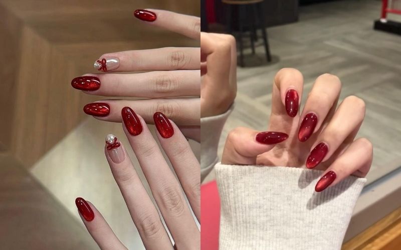 Nail Tết tráng gương màu đỏ rực rỡ, sang chảnh