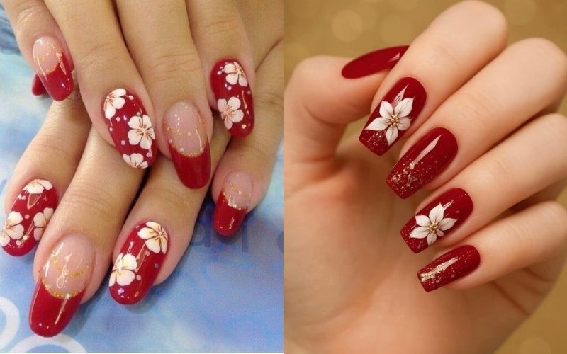 Nail Tết đỏ họa tiết hoa mai