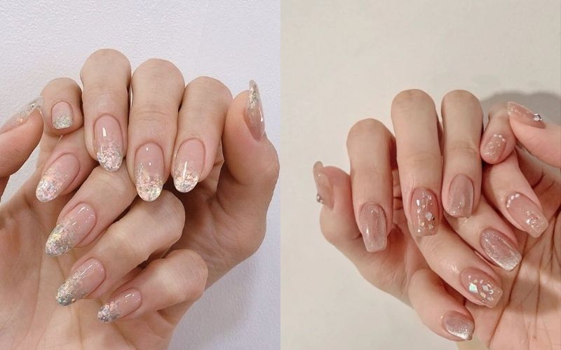 Mẫu nail Tết đơn giản kết hợp kim tuyến