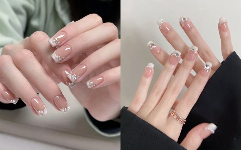 Móng tay nhẹ nhàng đính đá nhỏ chơi Tết