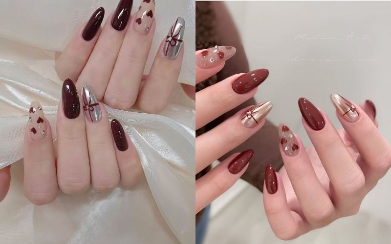 Mẫu nail Tết sang trọng kết hợp tráng gương