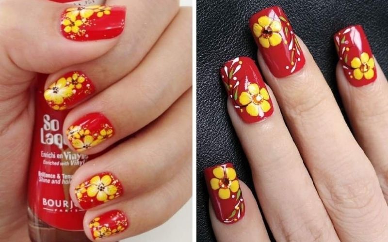 Móng tay đỏ kết hợp họa tiết hoa mai