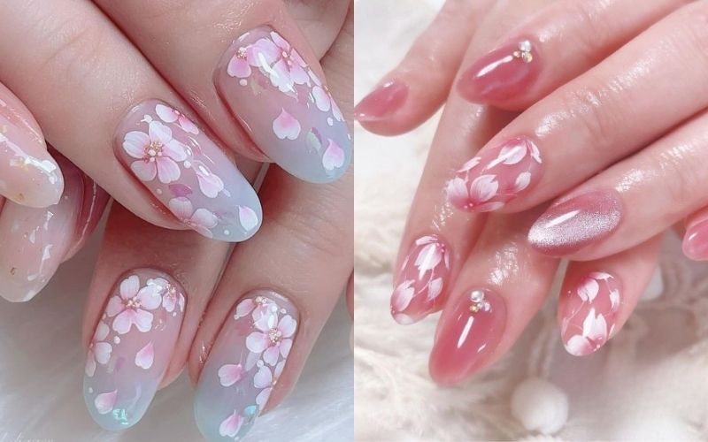 Nail Tết hoa đào đơn giản nhưng nổi bật