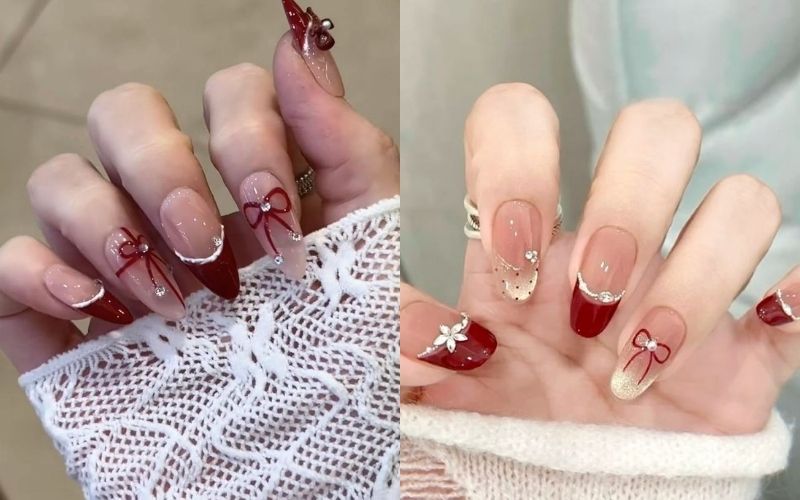 Móng tay pastel hoa đào nhẹ nhàng chơi Tết