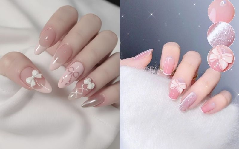 Nail Tết gắn charm nơ đỏ dễ thương
