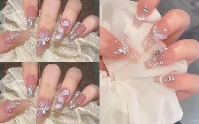 Nail Tết gắn charm bướm nổi bật