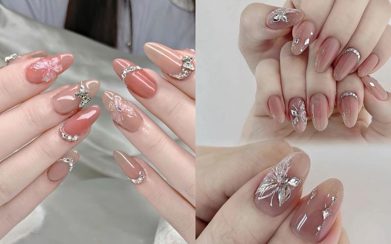 Móng tay hồng kết hợp charm bướm sang chảnh