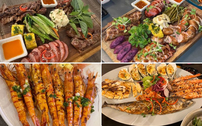 Thực đơn BA GÁC nổi bật với các món nướng than hoa cùng bia tươi đặc trưng