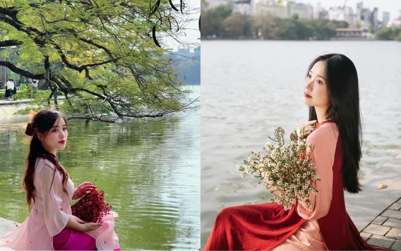 Posing gracefully for Tet photos in traditional Ao Dai dress by Ho Guom Lake in Hanoi.