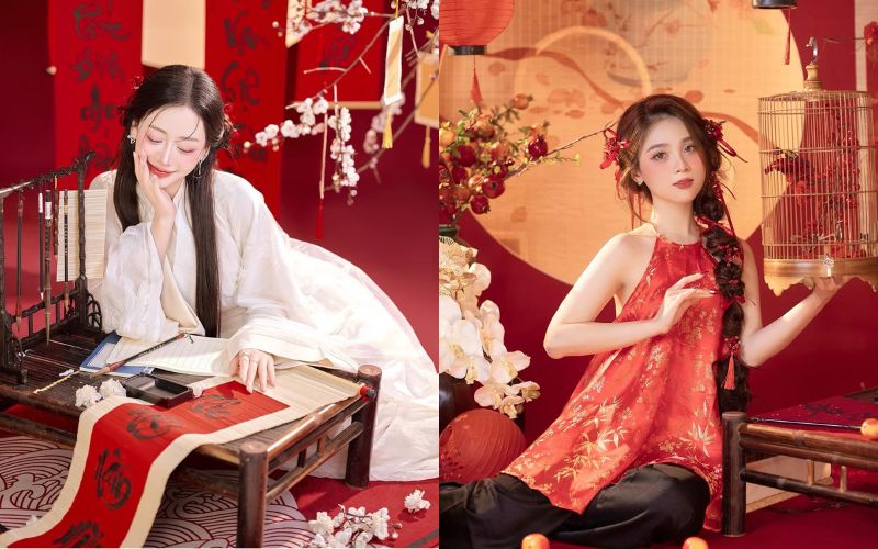 Posing with a sideways angle for a Tet ao dai photoshoot in a studio to accentuate an elegant figure.