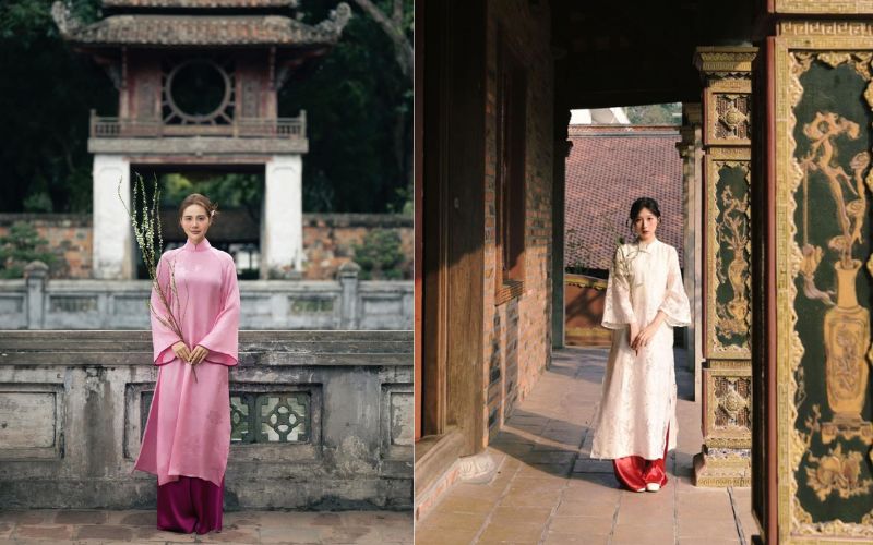 Posing for Tet (Lunar New Year) photos in traditional Ao Dai dresses in front of ancient temple gates, capturing the atmosphere of early spring.