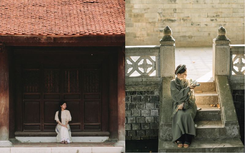 Posing in a traditional Vietnamese dress for Tet while sitting on the floor of an old house, exuding a spring atmosphere.