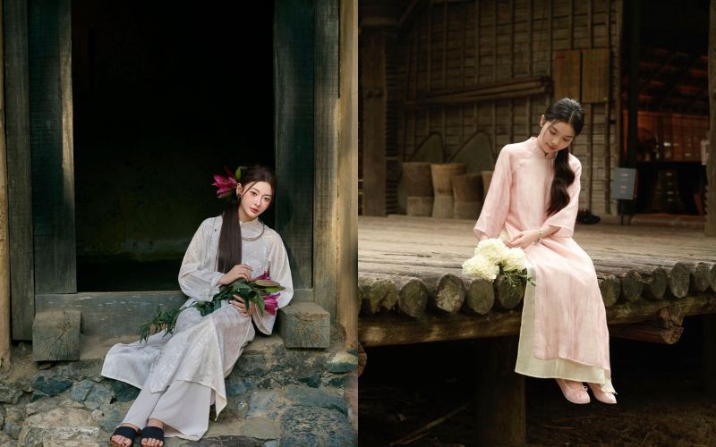 Taking photos in traditional Vietnamese dress for Tet while sitting with flowers.