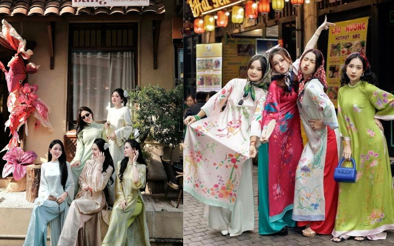 A group of friends wearing traditional Tet ao dai dresses pose together, beaming with radiant smiles in a traditional spring setting.