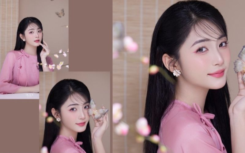 Perfect makeup and hairstyle for Tet (Lunar New Year) photoshoots in traditional Vietnamese dress, creating a charming look.