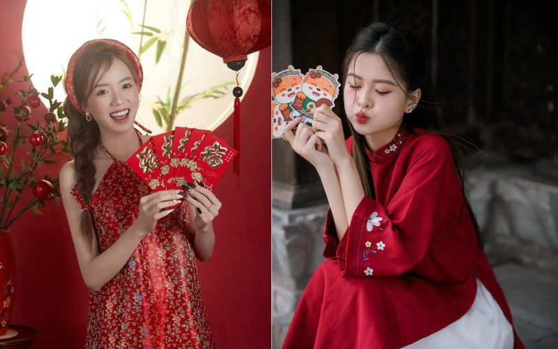 Taking photos in traditional Vietnamese dress for Tet with lucky red envelopes, looking cheerful and lucky.