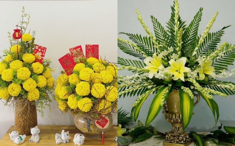 Lilies and yellow chrysanthemums displayed on the altar for Tet