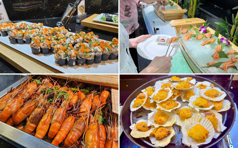 Buffet hơn 200 món đa quốc gia, nổi bật với hải sản tươi sống và sashimi cao cấp
