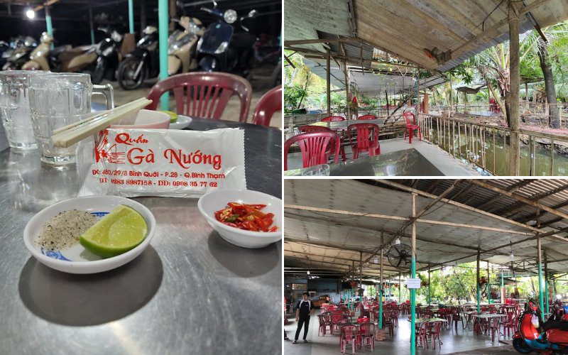 Quán có sân vườn rộng rãi, mát mẻ, phù hợp cho gia đình và nhóm đông