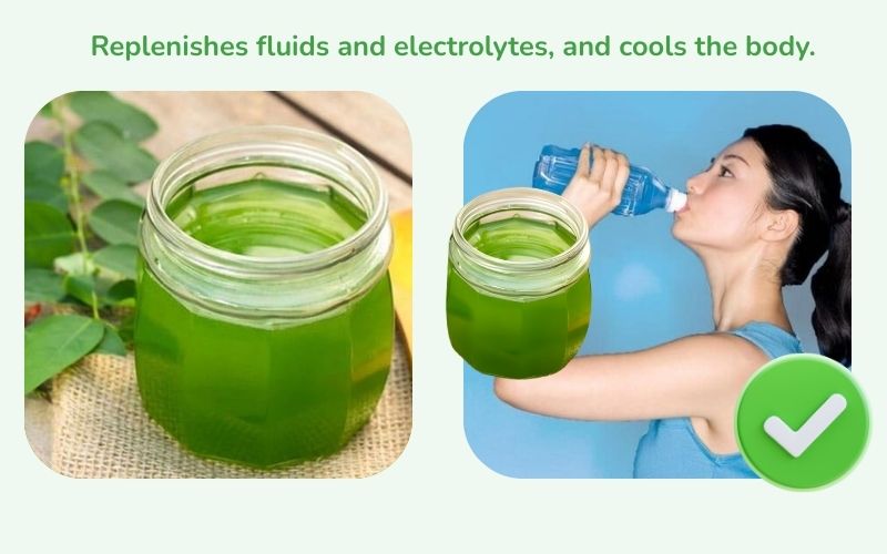 Coconut water combined with sweet potato leaves helps replenish water and electrolytes, and cools the body.