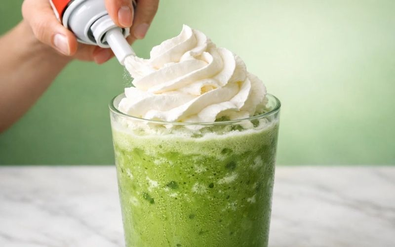 Top the matcha blended ice drink with whipped cream.