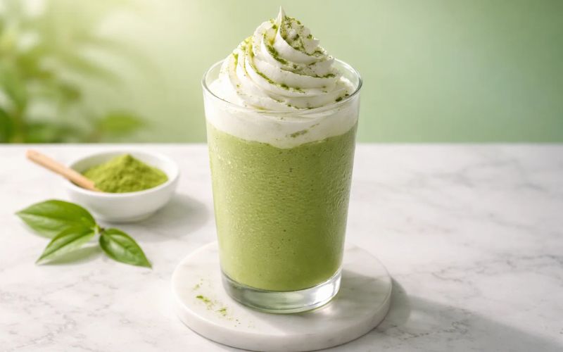 A delicious, smooth, and creamy matcha iced blended drink.