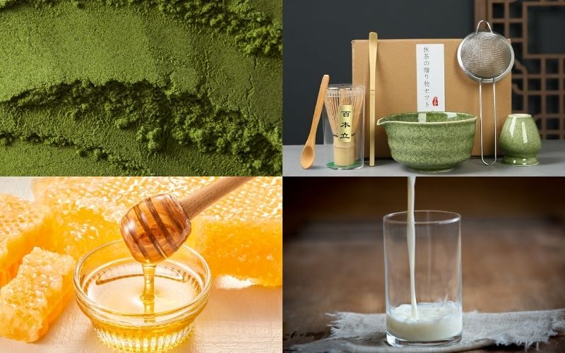 Nguyên liệu và dụng cụ làm matcha latte chuẩn vị