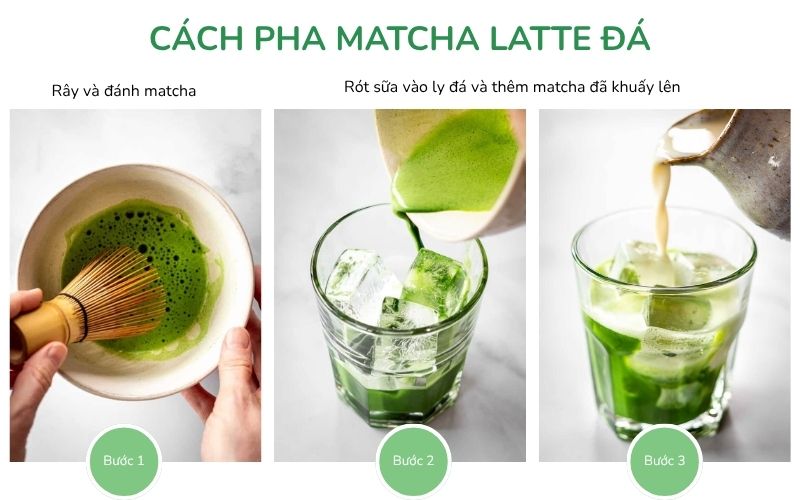 Hướng dẫn các bước làm ly matcha latte đá mát lạnh với lớp matcha xanh và sữa