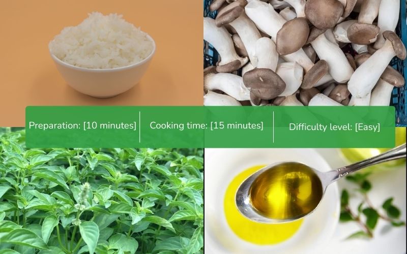 Ingredients for fried rice with basil leaves and chicken leg mushrooms