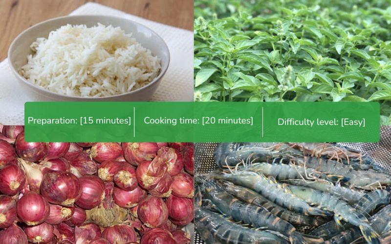 Ingredients for fried rice with shrimp and basil leaves