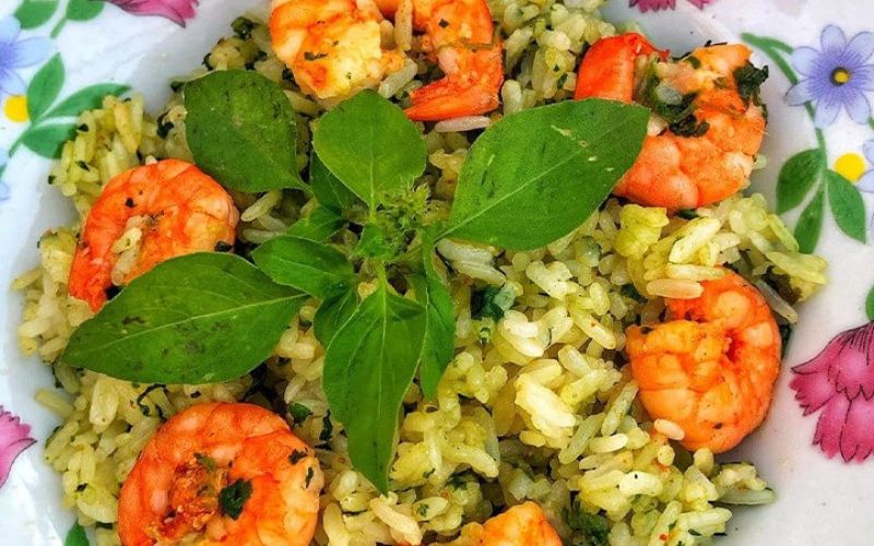 Fried rice with basil leaves and shrimp - visually appealing and unique in taste.