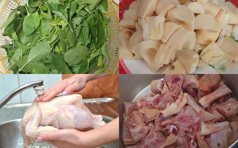Preparing the ingredients for chicken hot pot with basil leaves