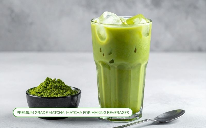 Premium grade matcha latte powder, vibrant green, finely milled, suitable for brewing.
